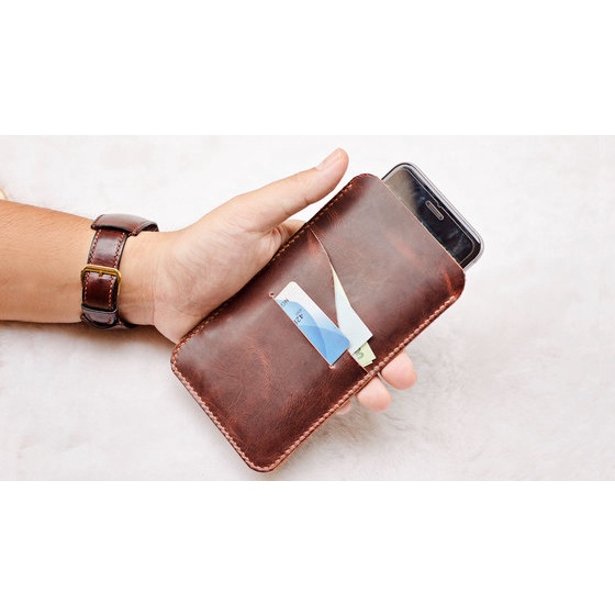 Bao da điện thoại handmade có thiết kế ngăn để thẻ, tiền chế tác từ da bò thủ công dùng cho iPhone13