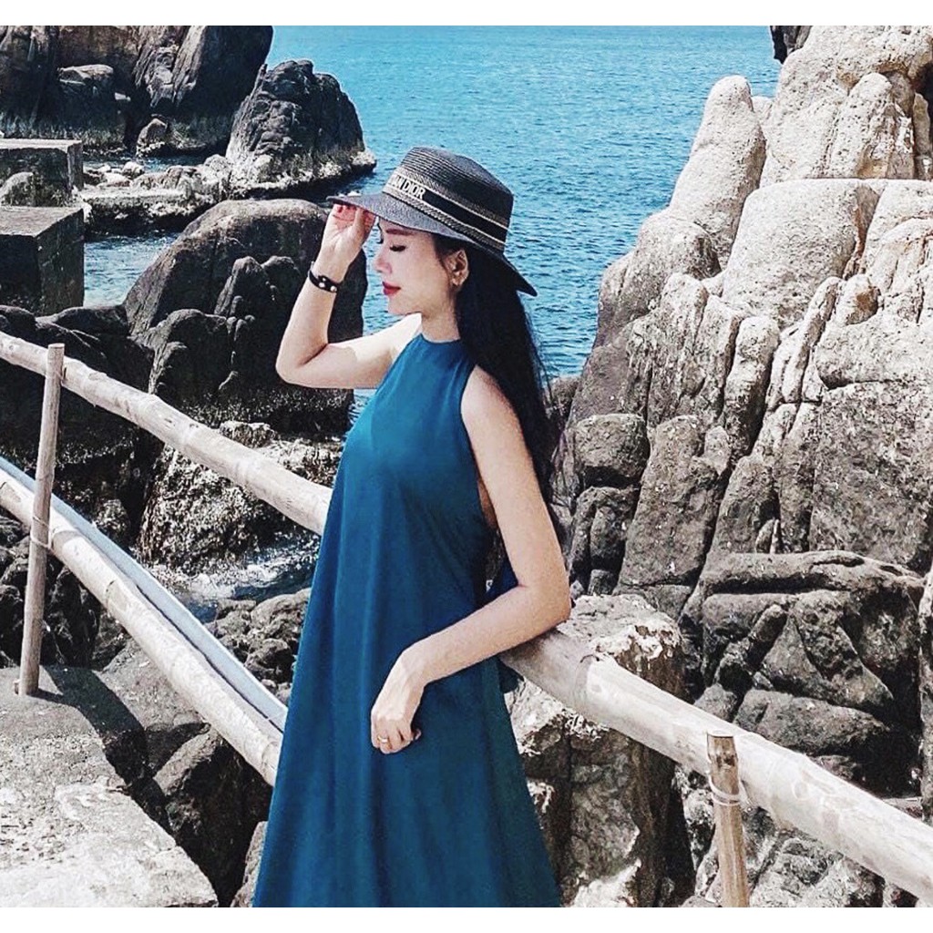 Đầm maxi cổ yếm dáng dài hở lưng có mút ngực hợp thời trang đi biển,du lịch XUKA-DRESS MT061 chất Lụa đẹp hàng 2 lớp