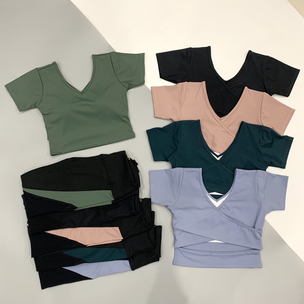 BỘ TẬP GYM, YOGA NỮ - BỘ CROPTOP CỔ TIM LƯNG ĐẮP CHÉO ( KÈM MÚT)