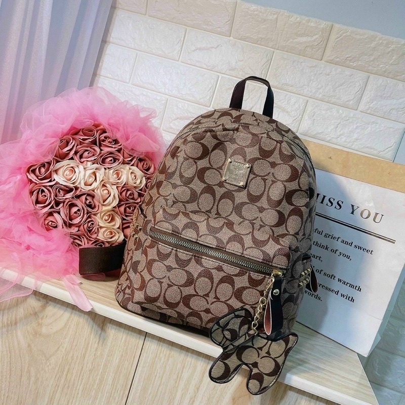 Balo Ba Lô Coach giá rẻ thời trang du lịch dễ thương màu nâu tặng hình con chó