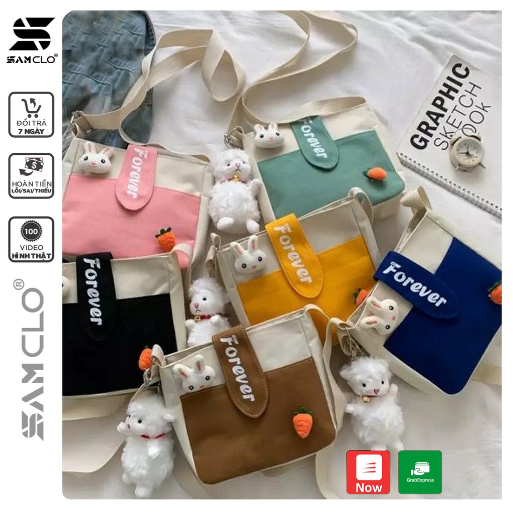 Túi đeo chéo nữ SAM CLO mini bag canvas khóa kéo búp bê thời trang hàn quốc dễ thương, đi chơi, đi học chữ FOREVER