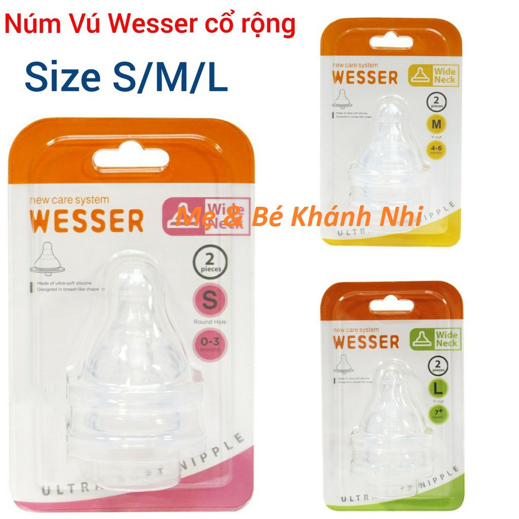 [Vỉ 2 Núm] Núm Vú Bình Sữa Cổ Rộng Wesser Size S/M/L+