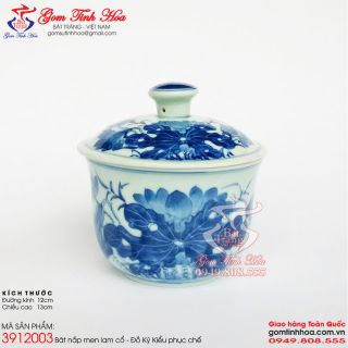 Thố tiềm canh gốm sứ men lam vẽ hoa sen