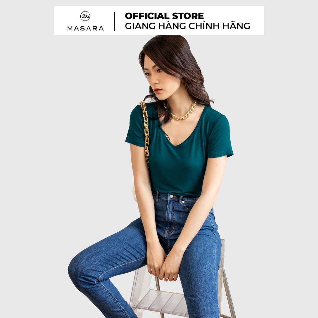 Áo Thun Masara Cổ tim, chất liệu visco cao cấp, màu xanh