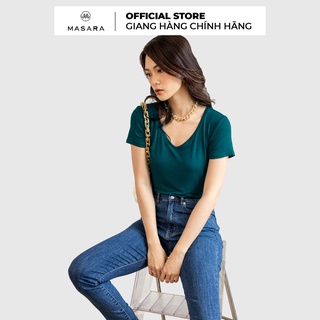 Áo Thun Masara Cổ tim, chất liệu visco cao cấp, màu xanh