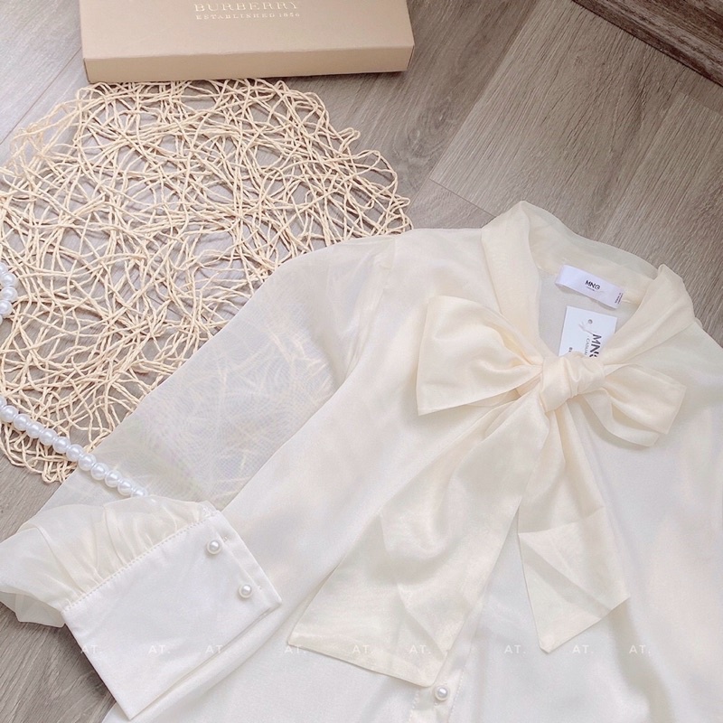 Áo Sơ Mi Dài Tay Nữ Form Rộng Vải Tơ 2 Lớp Thắt Nơ Công Sở