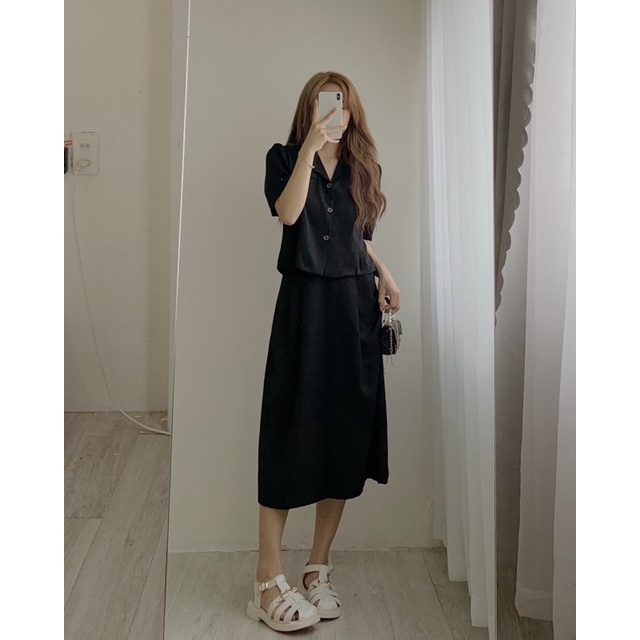 Set sơ mi nữ tay ngắn váy dáng dài nữ chất mịn màu kem,xanh,đen basic, Set blazer tay ngắn kèm chân váy dáng dài