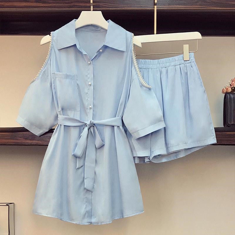 Bộ đồ nữ 2 món gồm áo hở vai và quần ống rộng cạp cao vải lụa lạnh thời trang mùa hè
