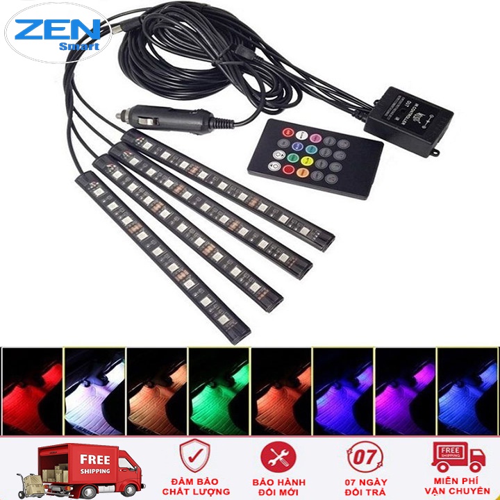 Đèn Led Gầm Ghế Ô tô Loại 4 dải 9 LED Có Điều Khiển - Nguồn USB Và Tẩu 12v