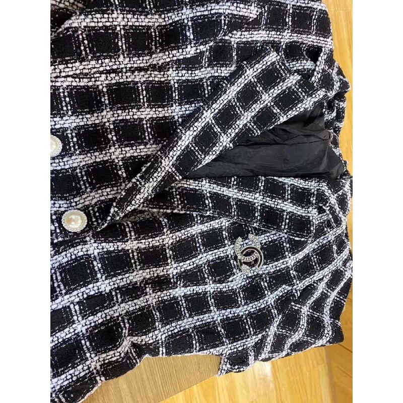 Váy áo vest dạ tweed kẻ đen trắng tag dáng ngắn