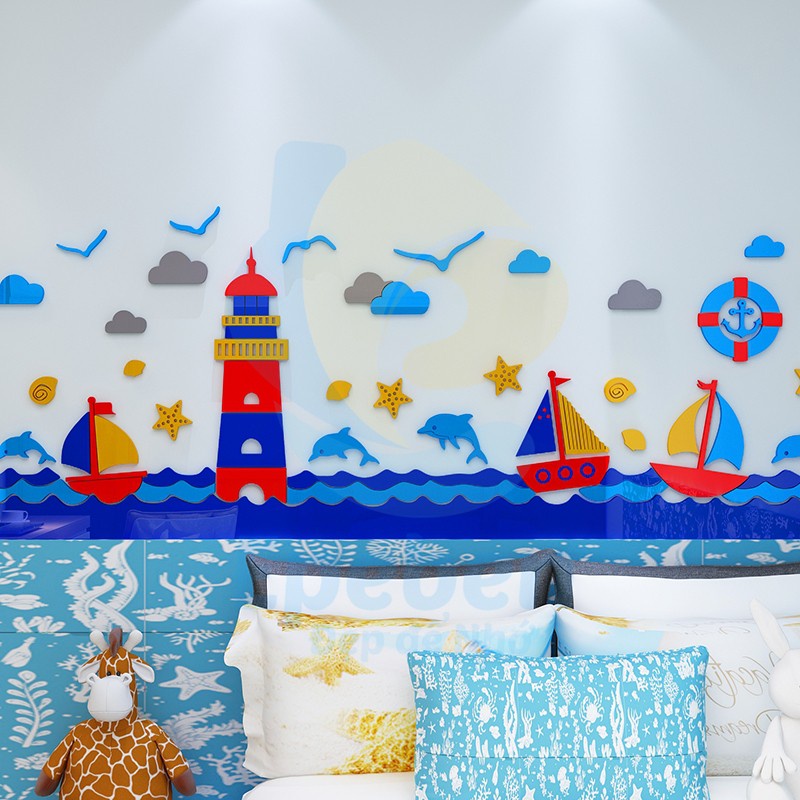 Tranh dán tường mica 3d decor khổ lớn đại dương ngọn hải đăng trang trí mầm non, phòng cho bé Nhiều Size - EPeBen