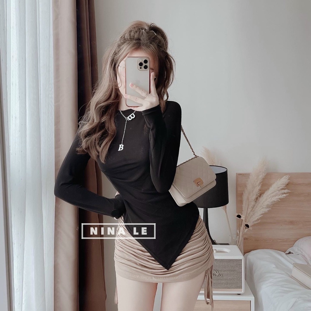 [Mã FAMARAL1 giảm 10K đơn 50K] Áo Cổ Tròn Vạt Tam Giác Xinh Xẻo Và Chân Váy Lụa Rút 2 Bên A5251