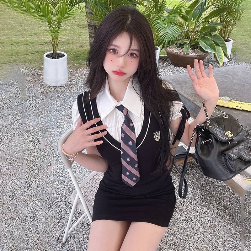 Bộ Đồng Phục Giả Hai Mảnh Gồm Áo Tay Phồng Và Túi Phồng Phong Cách Preppy Ngọt Ngào Cho Nữ