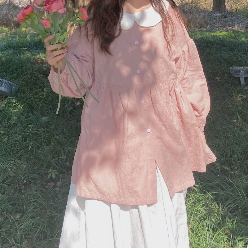 Set Áo Sơ Mi Cổ Búp Bê Chống Nắng + Chân Váy Màu Trơn Dễ Thương Cho Nữ