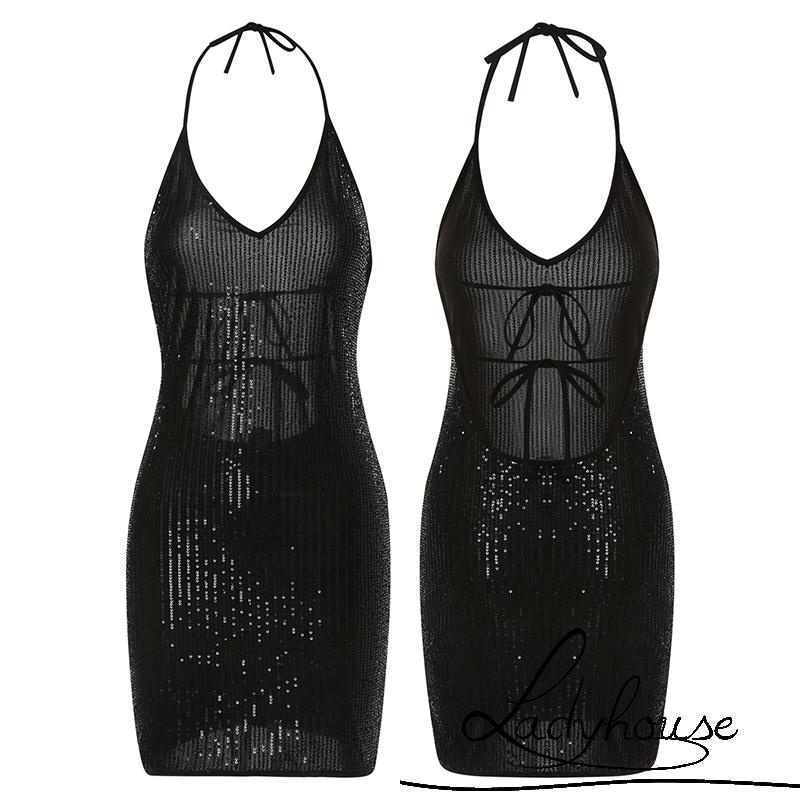 Ld-đầm Ôm Dáng Không Tay Cổ Chữ V Đính Kim Sa Lấp Lánh Có Dây Cột Sau Lưng Cho Nữ