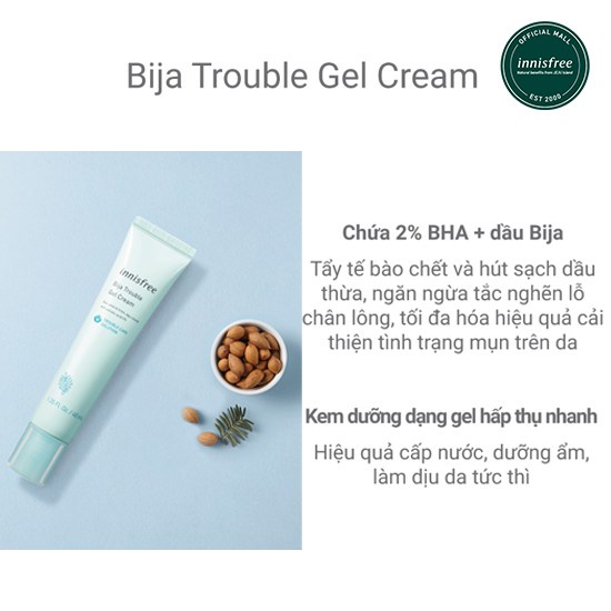 [Mã COSIF05 giảm 10% đơn 400K] Gel dưỡng dành cho da mụn innisfree Bija Trouble Gel Cream 40ml