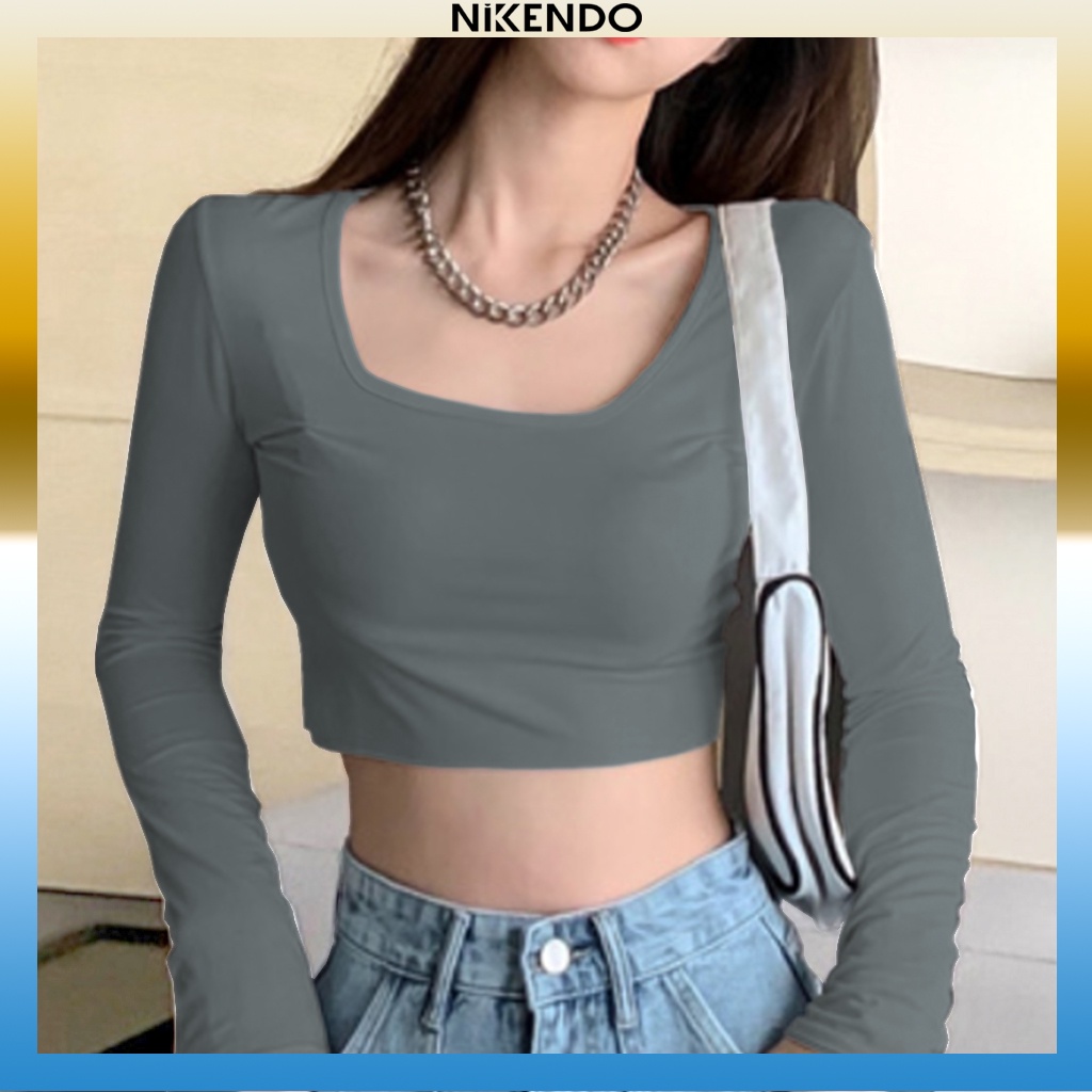 [Mã FAMARAL1 giảm 10K đơn 50K] Áo Croptop Tay Dài Cổ Vuông Màu Trơn Chất Cotton 4 chiều Phong Cách Hàn Quốc RT6