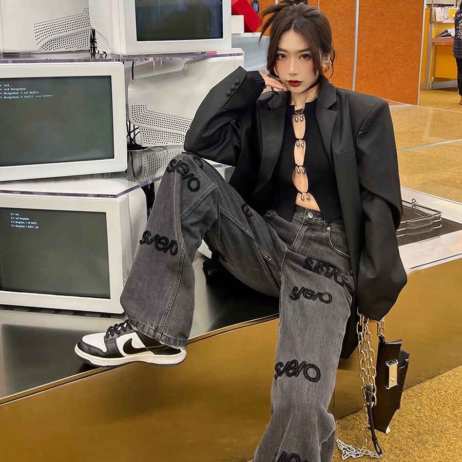 ❀Quần Jeans Đen Cạp Cao Ống Suông Thêu Chữ Quyến Rũ Thiết Kế Độc Đáo 2022 Cho Nữ