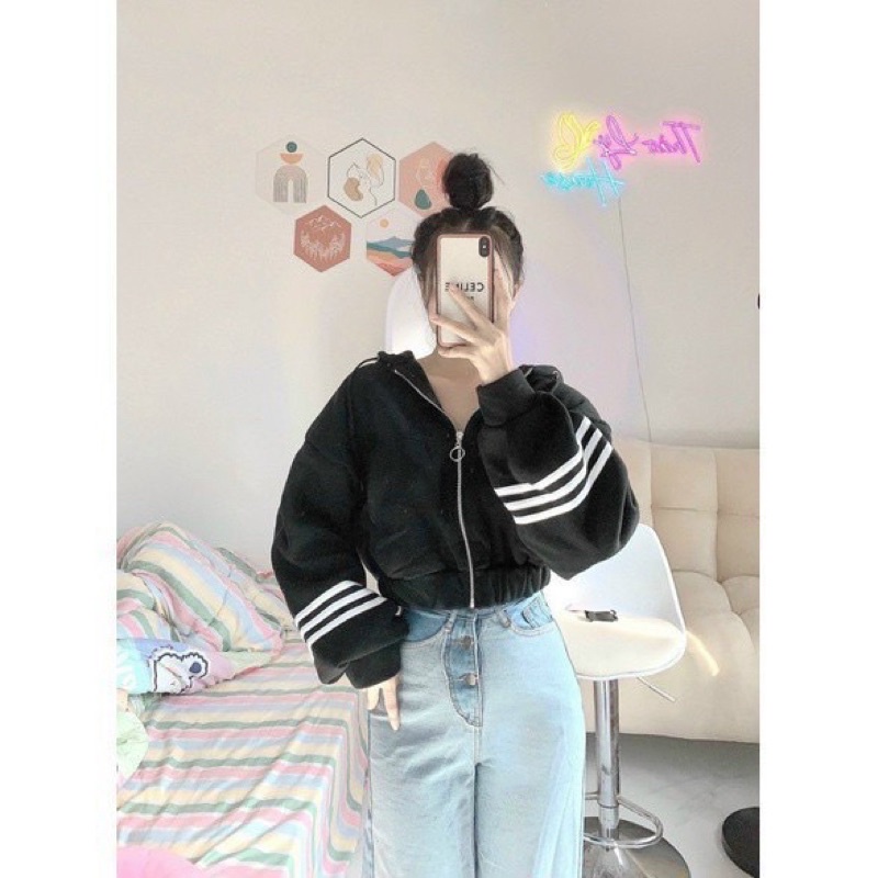 Áo KHOÁC Croptop Thể Thao TAY PHỒNG 3 Sọc Có Mũ Ulzzang Unisex Hot Hit