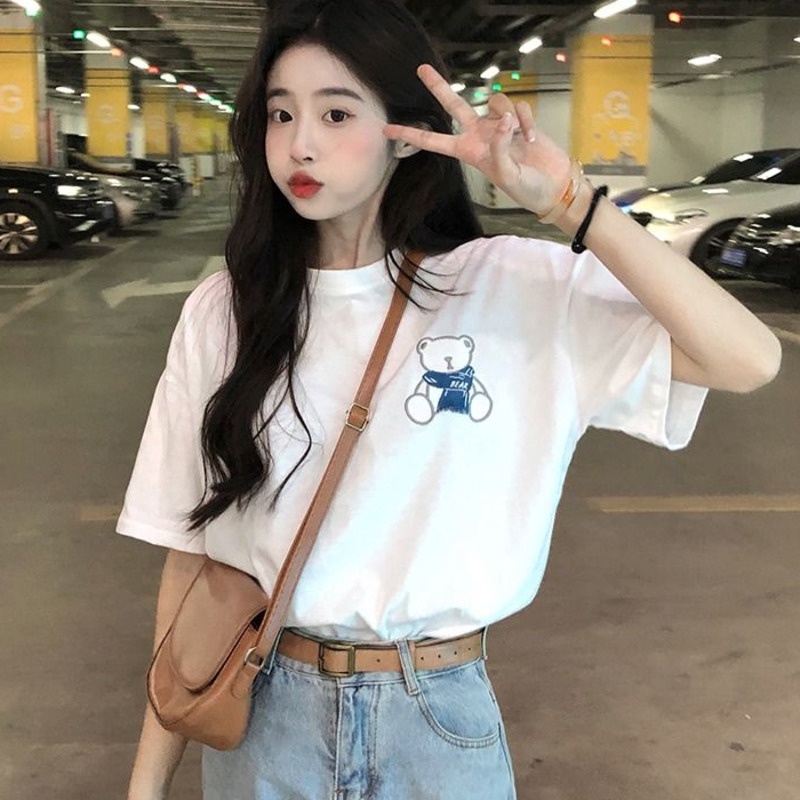 Áo Thun Ngắn Tay Dáng Rộng In Hình Gấu Thời Trang Hàn Quốc Cá Tính