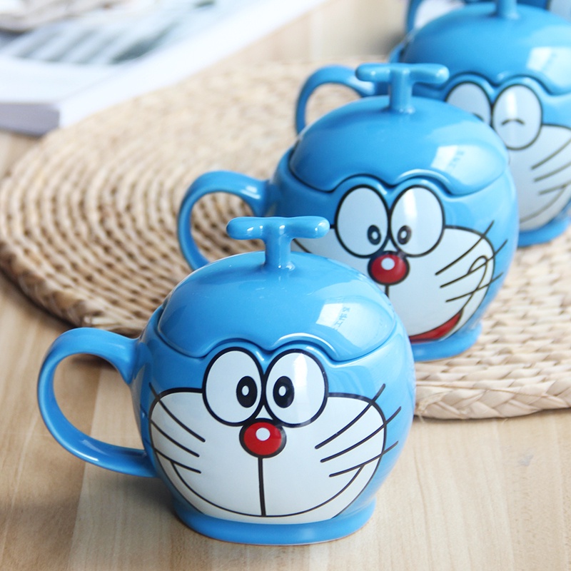 ✨Cốc Sứ Uống Cà Phê Hình Mèo Máy Doraemon Có Nắp Đậy Và Muỗng