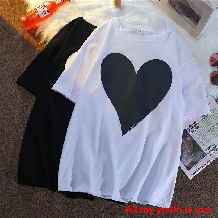 [Spot real shot 💕]Áo    Korean girl loose short-sleeved love print personality T-shirt female heart machine design fashion long section half sleeves