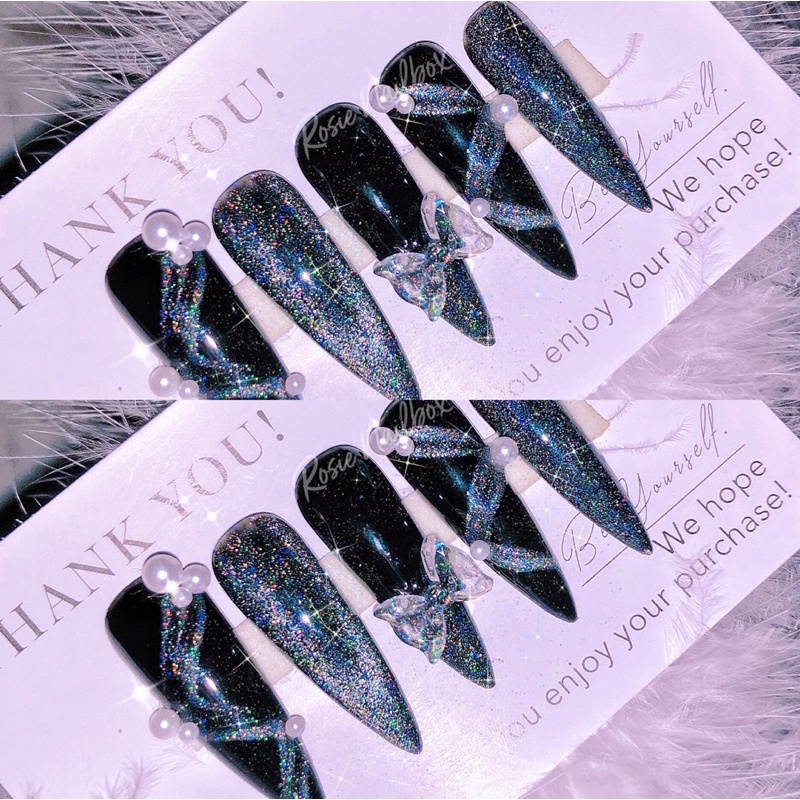 Video xinh cực Móng úp màu đen phối mắt mèo cầu vồng siêu xinh kèm nơ và ngọc sang chảnh cho nữ kèm keo dũa