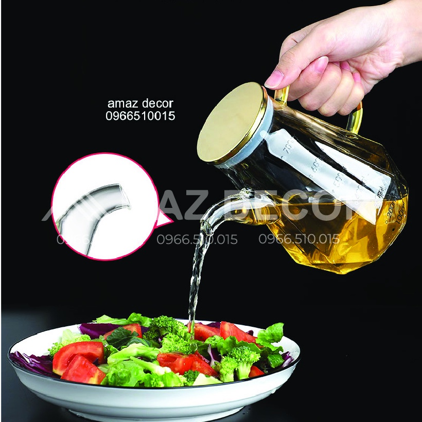 Giá sỉ Chai lọ bình nắp vàng inox 304 đựng dầu ăn, nước tương, nước mắm thủy tinh chia vạch chịu nhiệt độ cao 500ml