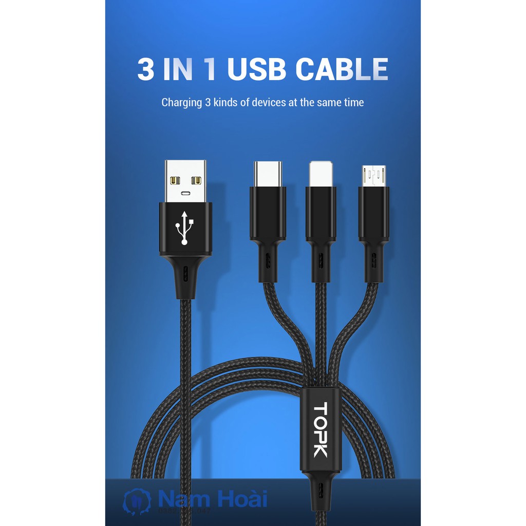 Dây cáp sạc TOPK AN24 nhiều cổng sạc USB micro type C 3 trong 1 cho IPSamsung Huawei dài 1.2M
