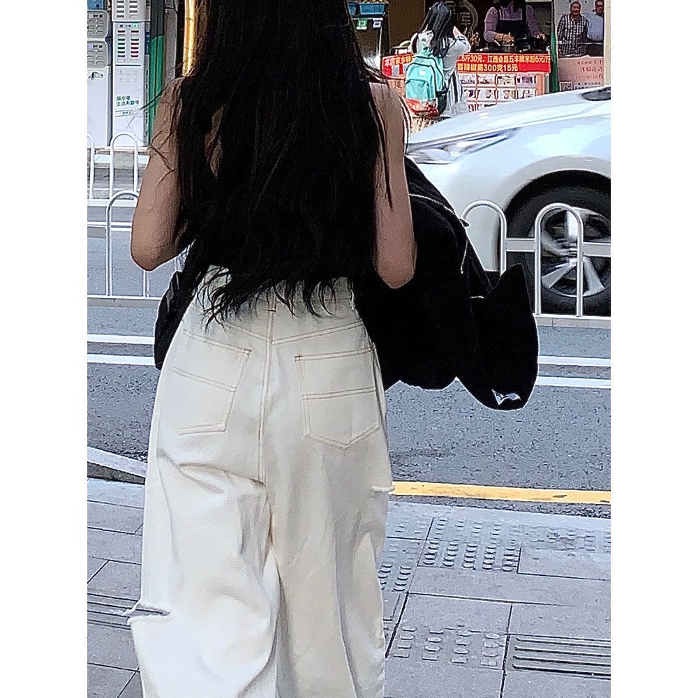 Quần Jean Dài Lưng Cao Ống Rộng Phối Rách Màu Trắng Thời Trang Mùa Hè Phong Cách Hàn Quốc Mới Cho Nữ