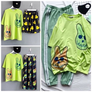 [ COMBO TIẾT KIỆM ] Set áo thun 3D thỏ xanh + quần thun 2 sọc / dài , short cartoon unisex