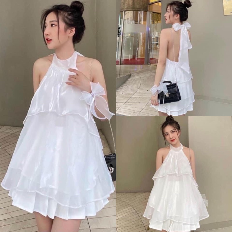 TẶNG Dây Cột Tóc SET Áo cổ yếm hở lưng kèm Chân váy xếp li trắng NÀNG CLOSET