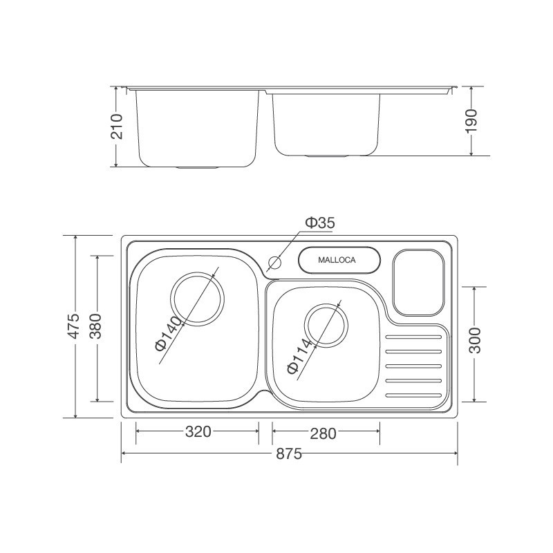 CHẬU RỬA CHÉN 2 HỘC 1 CÁNH MALLOCA MS1024