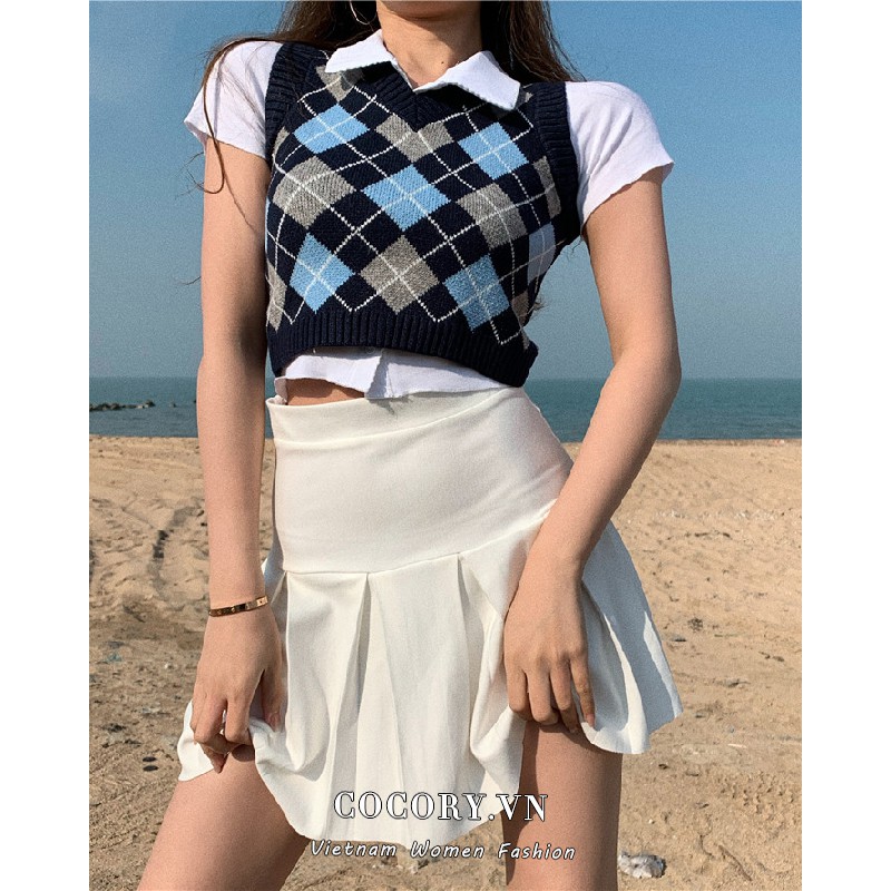 Áo Croptop Không Tay Cổ Chữ V Họa Tiết Sọc Caro Thời Trang Theo Phong Cách Vintage