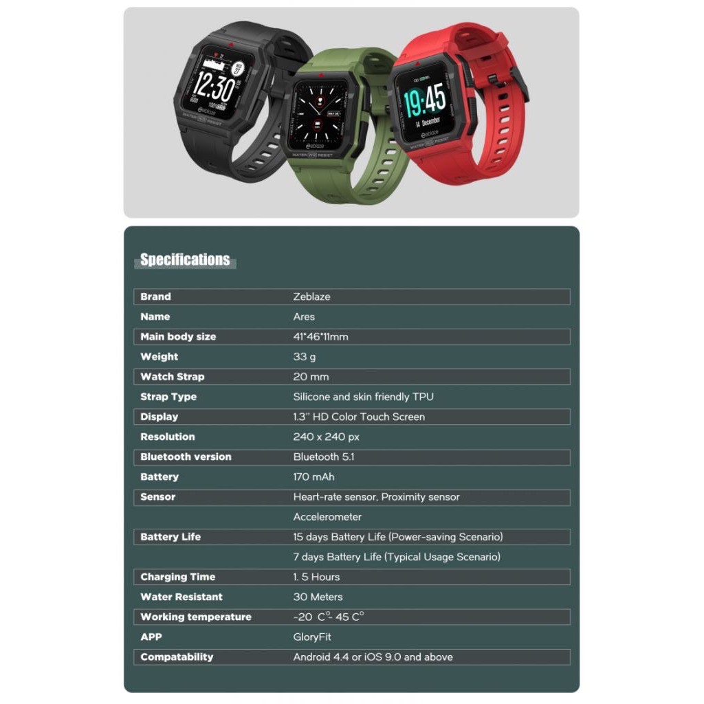 Đồng Hồ Thông Minh Zeblaze Ares - Chống Nước 3ATM -  Đo Nhịp Tim 24h - Pin 15 Ngày - Đo Huyết Áp - Thay Đổi Mặt Đồng Hồ