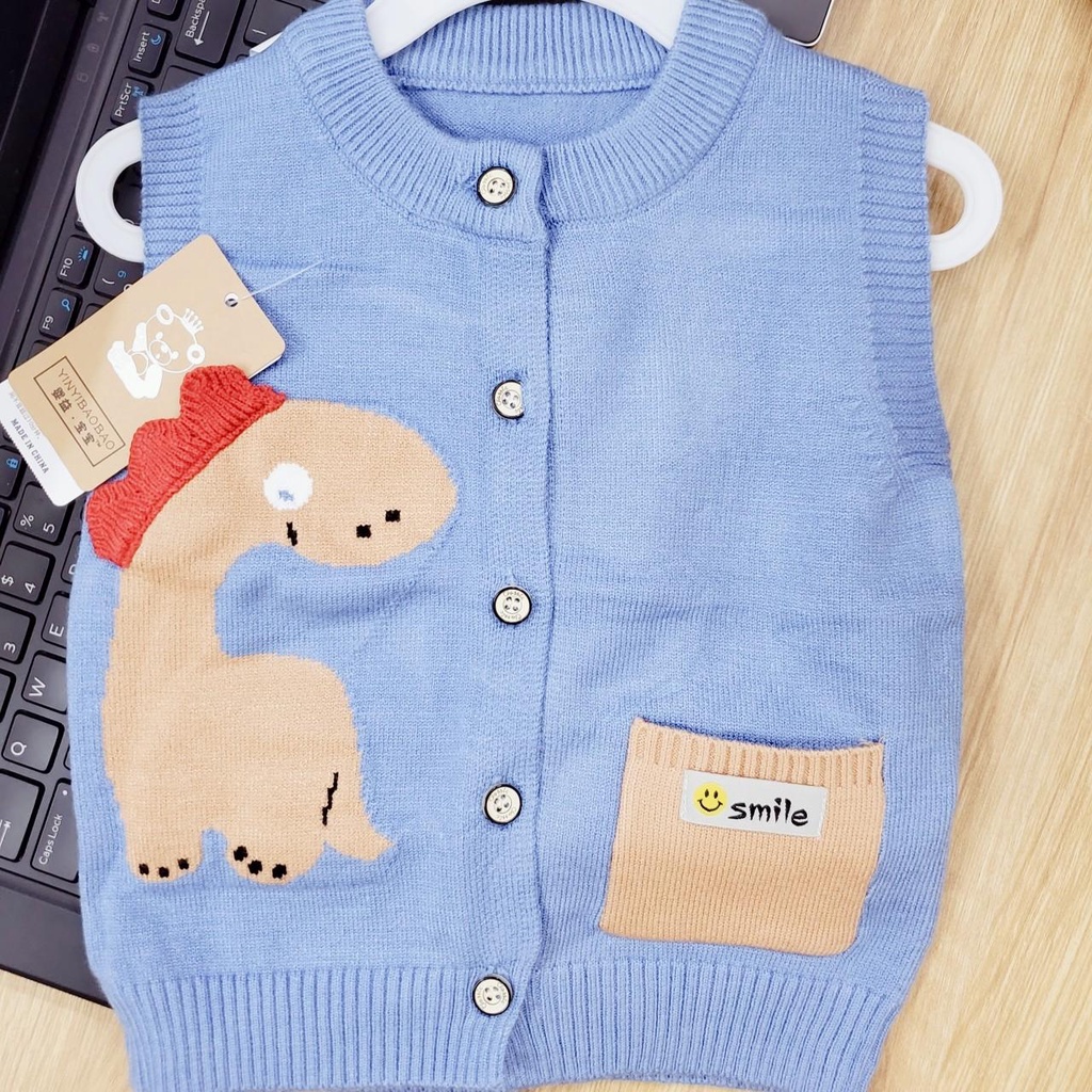 5651 Áo gile len khủng long phối túi hàng quảng châu loại 1 cho bé (7-13kg)