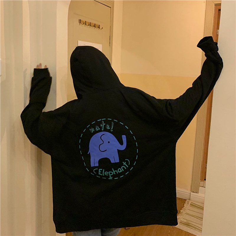 Áo Hoodie Tay Dài Dáng Rộng In Hình Chú Voi Kiểu Hàn Quốc Dễ Thương