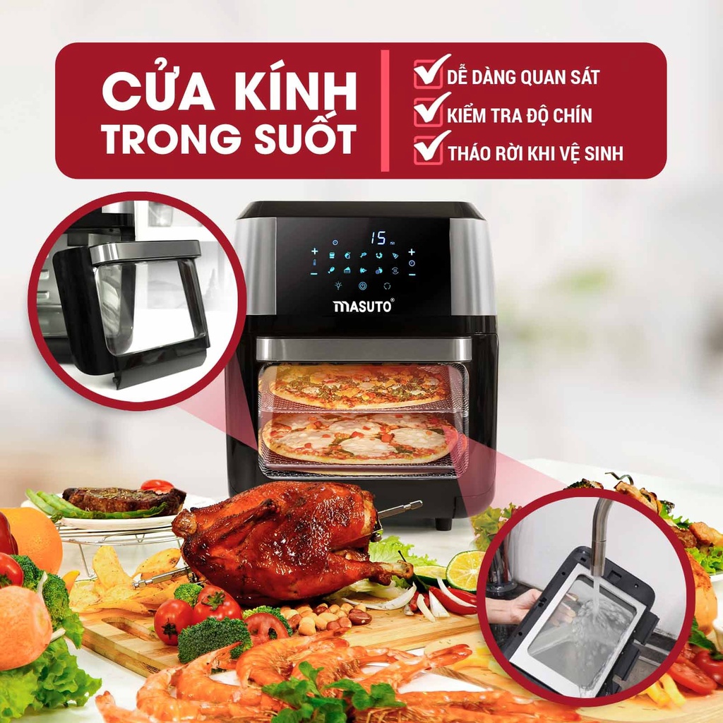 Nồi bếp chiên không dầu kiêm lò nướng chính hãng Masuto 12L quay gà nguyên con chiên khoai siêu giòn-TẶNG CHẢO TỪ VÂN ĐÁ