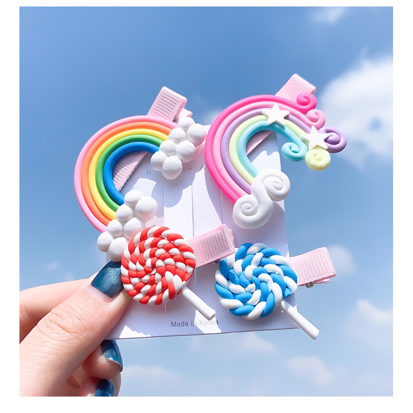 Kẹp tóc trang trí hình kẹo mút và cầu vồng đơn giản dễ thương phong cách Hàn Quốc