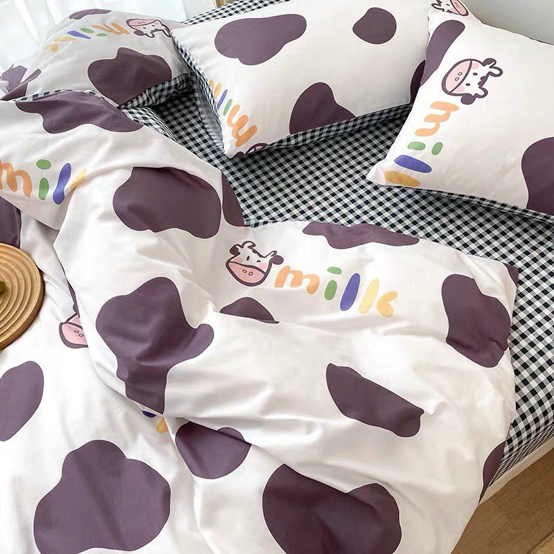 Bộ chăn ga Cotton poly chăn ga Hàn Quốc họa tiết bò Milk tím đủ màu đủ size miễn phí bo chun