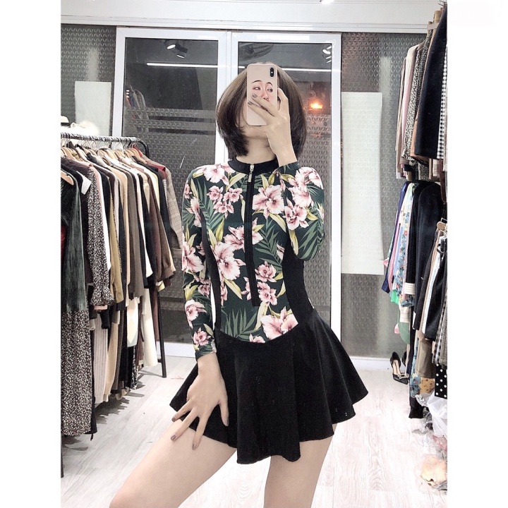 Đồ bơi nữ bikini nữ 1mảnh liền thân tay dài chân váy xòe có quần lót trong Tặng kèm mút lót ngực tiện lợi kín đáo thun l