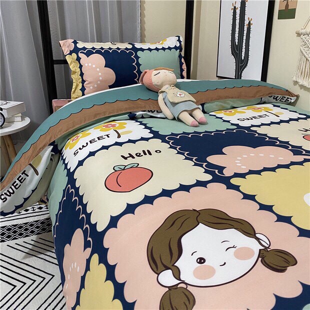 Bộ Chăn Ga Cotton Poly Emmidecor Mẫu cô gái cửa sổ