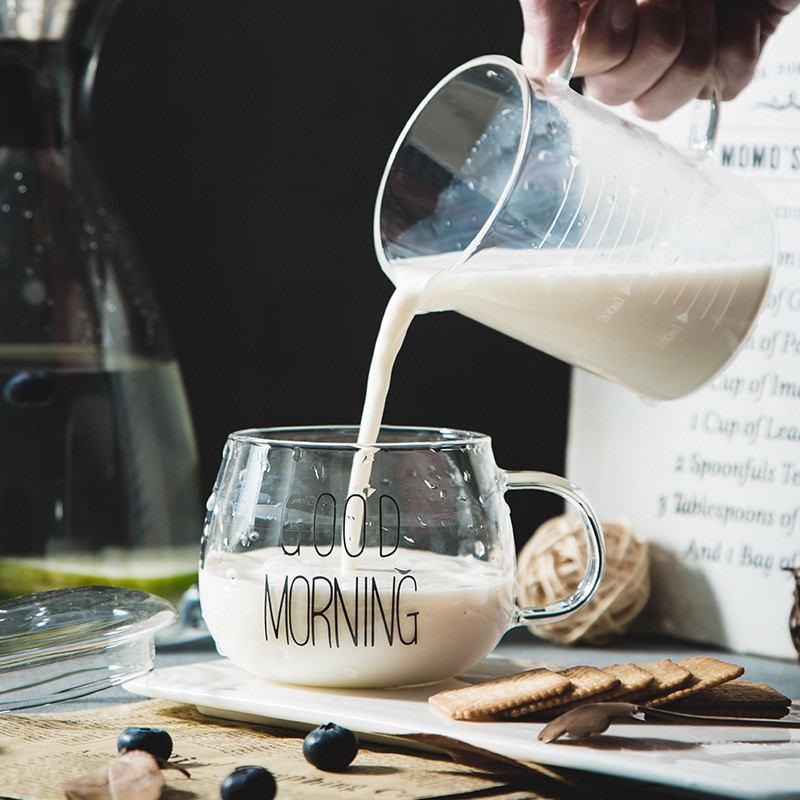 Ly thủy tinh dễ thương uống nước cute GOOD MORNING 350 ml Cốc thủy tinh chịu nhiệt có quai decor