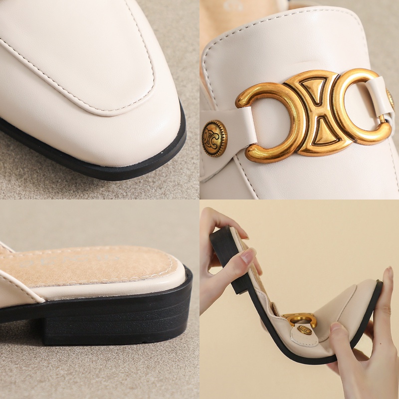 Dép Bít Mũi Đế Bằng Phối Khóa Kim Loại Phong Cách Thời Trang Hàn Quốc Cho Nữ Có Size 34-42