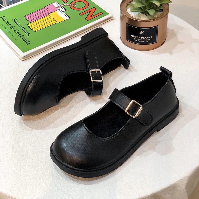 Giày marry Jane nữ da nhám 3 màu đen, trắng và nâu cài quai vuông