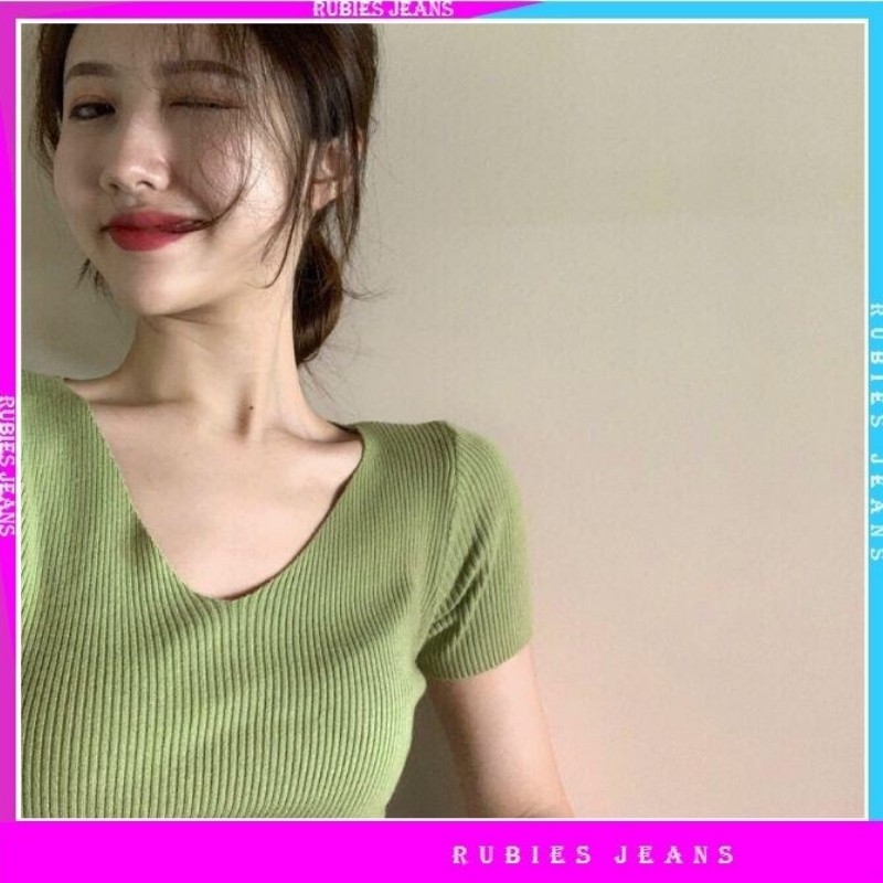 Áo len tăm croptop cổ tim trơn body co giãn tốt nhiều màu siêu đẹp LT01