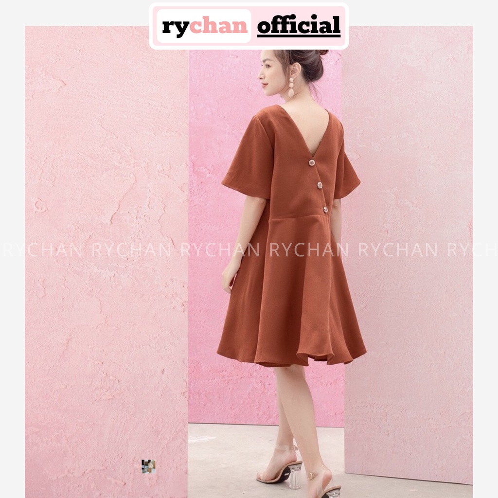 Đầm Xoè Cam Đất Nút Sau - DX071