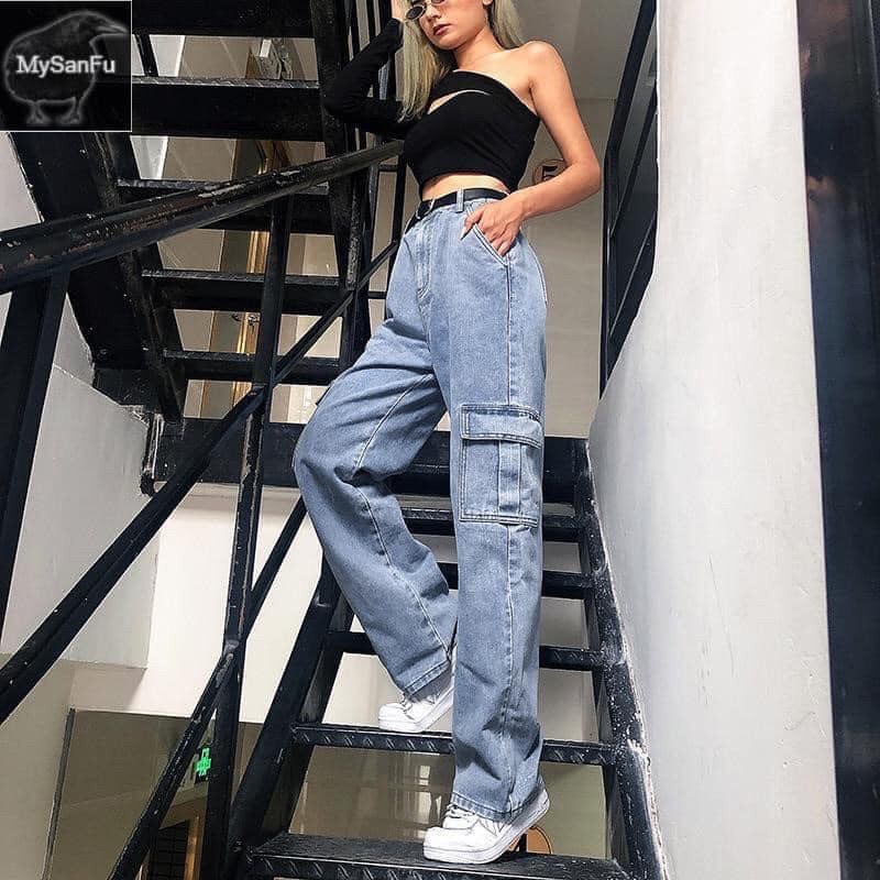 Quần Culottes Jean Box Bag KYUBI.CHAN89 Quần Jeans túi hộp dáng suông dài cạp cao ống rộng Ulzzang SIÊU HOT
