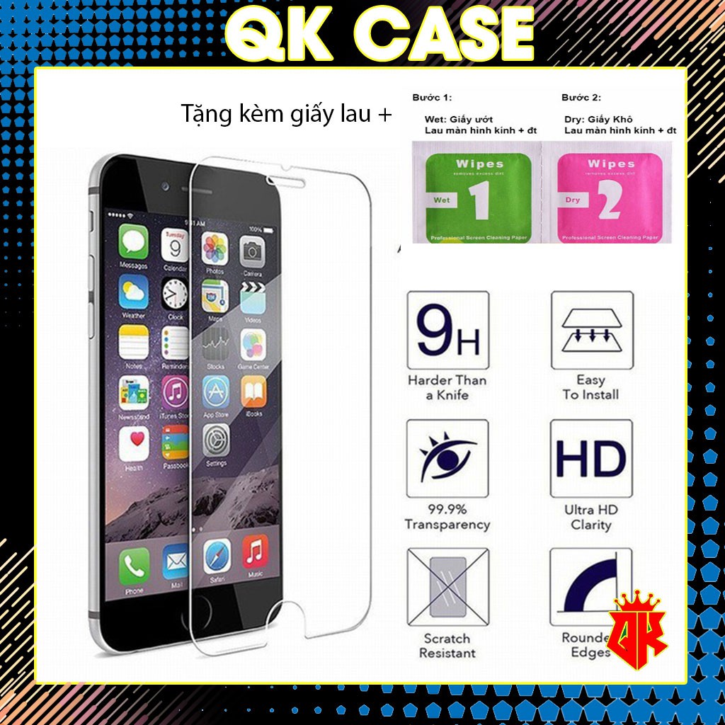 Kính Cường Lực Thường Iphone6 đến 12pro max, Tặng 1 bộ 2 miếng giấy lau màn hình, QKCASE