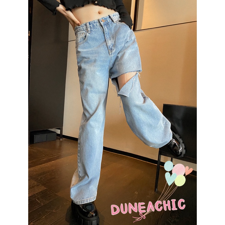 DUNEA Quần Jean Lưng Cao Ống Rộng Phối Rách Cá Tính Dành Cho Nữ
